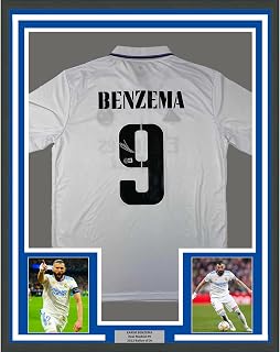 Framed Autographed/Signed Karim Benzema 35x39 Real Madrid 2022-23 White Soccer Jersey Beckett BAS COA