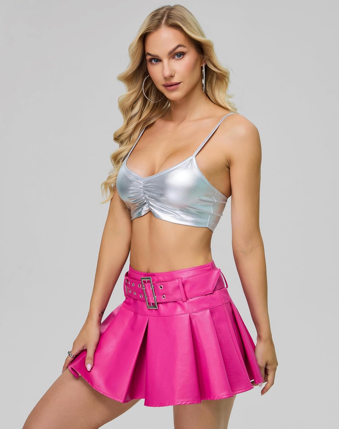 Kisidoo Y2K Mini Skirt Buckle Belted High Waisted Pleated Flare PU Faux Leather Short Goth Skirts for Women - Image 4