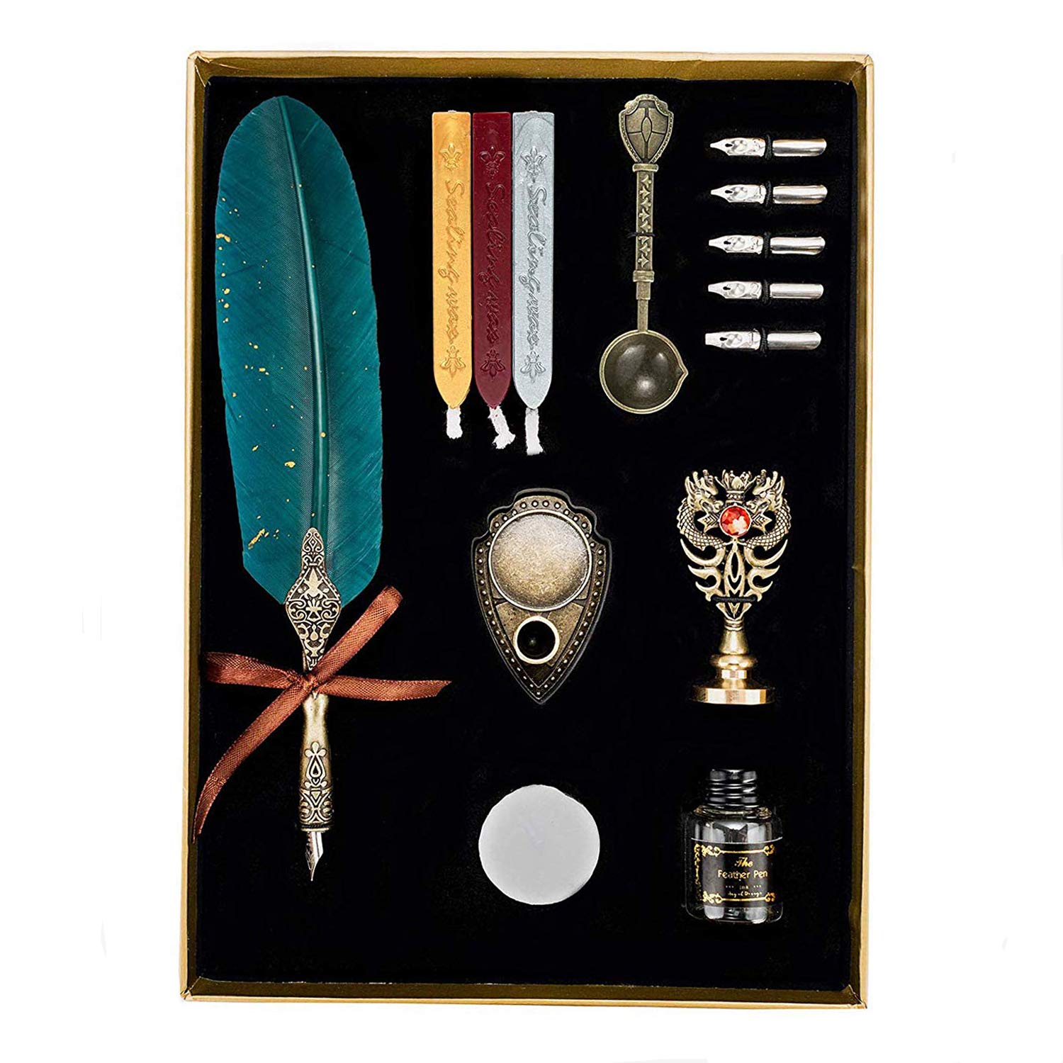 NC Retro Calligraphy Set, Feather Dip Pen, Ink Bottle, 5 Nibs, 3 Wax Seals, Pen Holder, Candle, Stamp, Spoon, Gift Box (Dark Green)