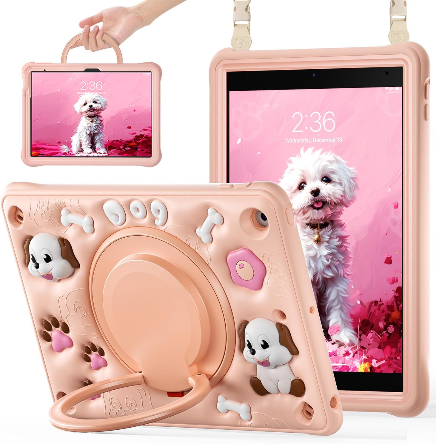 for iPad 10.2 Case 9th Generation 2021 / 8th Gen 2020 / 7th 2019,Shockproof Kids Case with Screen Protector,Rotating Stand/Pencil Holder/Shoulder Strap for iPad 10.2 Inch - Bubble Puppy