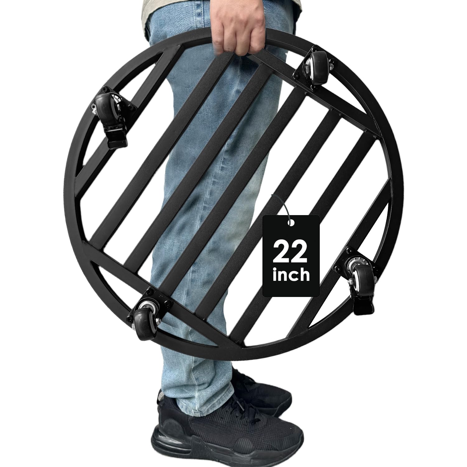 Okrągły stojak na rośliny z kółkami o średnicy 56 cm, duży, metalowy pojemnik na rośliny, do użytku wewnątrz i na zewnątrz, wózek na kółkach z przemysłowymi kółkami, odporna na rdzę czarna
