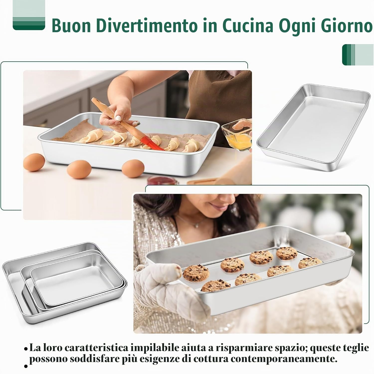 Joyfair Set di 3 teglie da forno in acciaio inox, rettangolari, profonde, per arrostire e servire, resistenti, antiruggine e facili da pulire, 3 diverse dimensioni