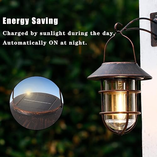 Miniatura 4 de Farol solar colgante para exteriores, luces solares impermeables de metal para exteriores con vidrio transparente, bombillas LED Edison