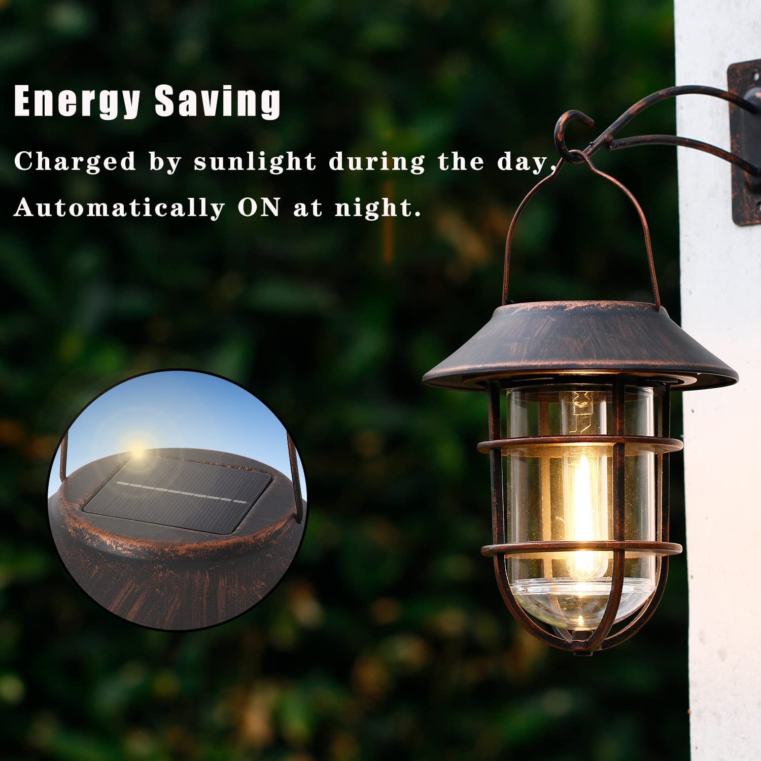 Lanterna Solare Da Esterno A Led Con Ganci - Metallo Impermeabile IP65, Vetro Trasparente, Bronzo Anticato, Dal Tramonto All'Alba - 3