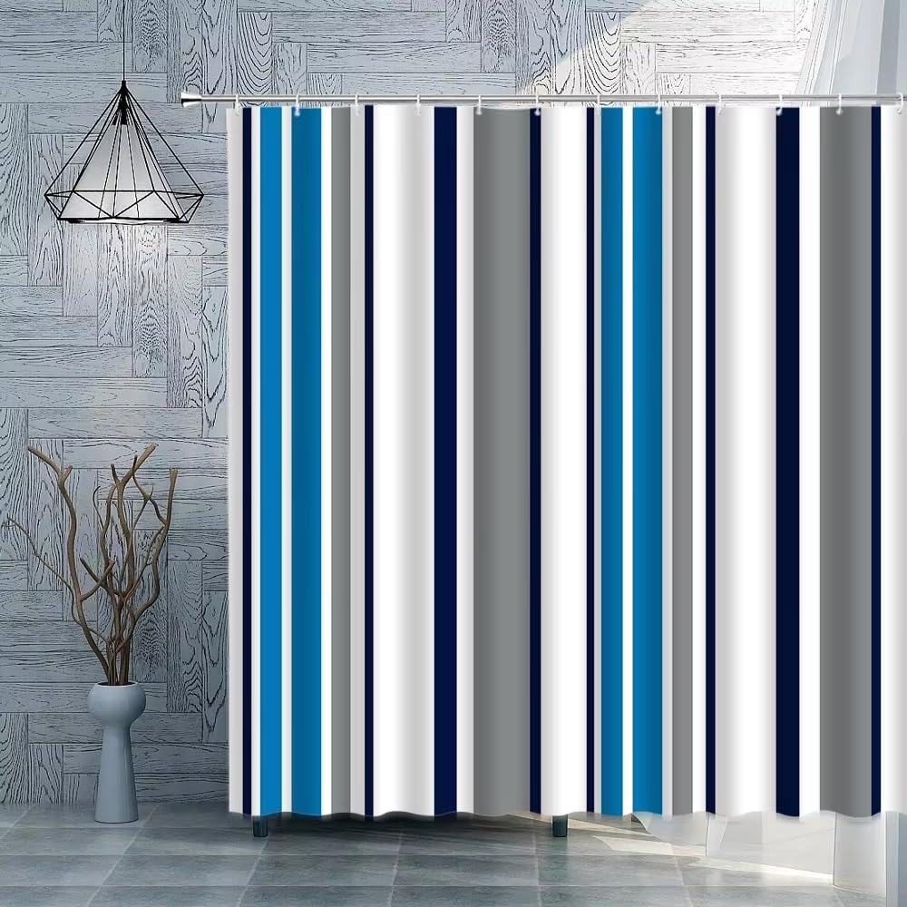 Cortina de Ducha 240x200 Rayas Verticales de Estilo Rústico,Color Gris,Azul,Blanco y Azul Marino,Impermeable con Ganchos,de Secado Rápido,Lavable a Máquina,240Anx200Al cm (1 Panel)