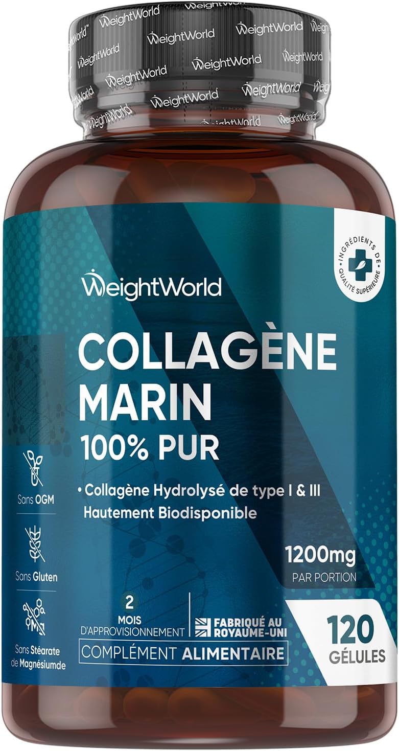 WeightWorld Collagène Marin Hydrolysé Type 1 & 3 – 120 Gélules, 1200 mg par Jour, Sans OGM, Sans Gluten, Sans Stéarate de Magnésium