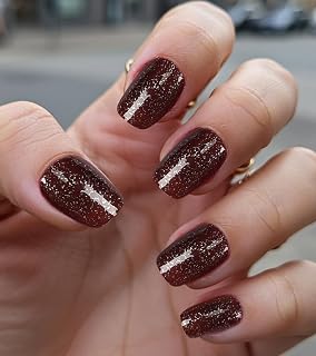 Morily Burgundy Glitter Press on Nails Short, Square Shaped Glitter Fake Stick on Nails for Women in 16 Sizes, 32 Pcs Reusable Full Cover Artificial False Fingernails