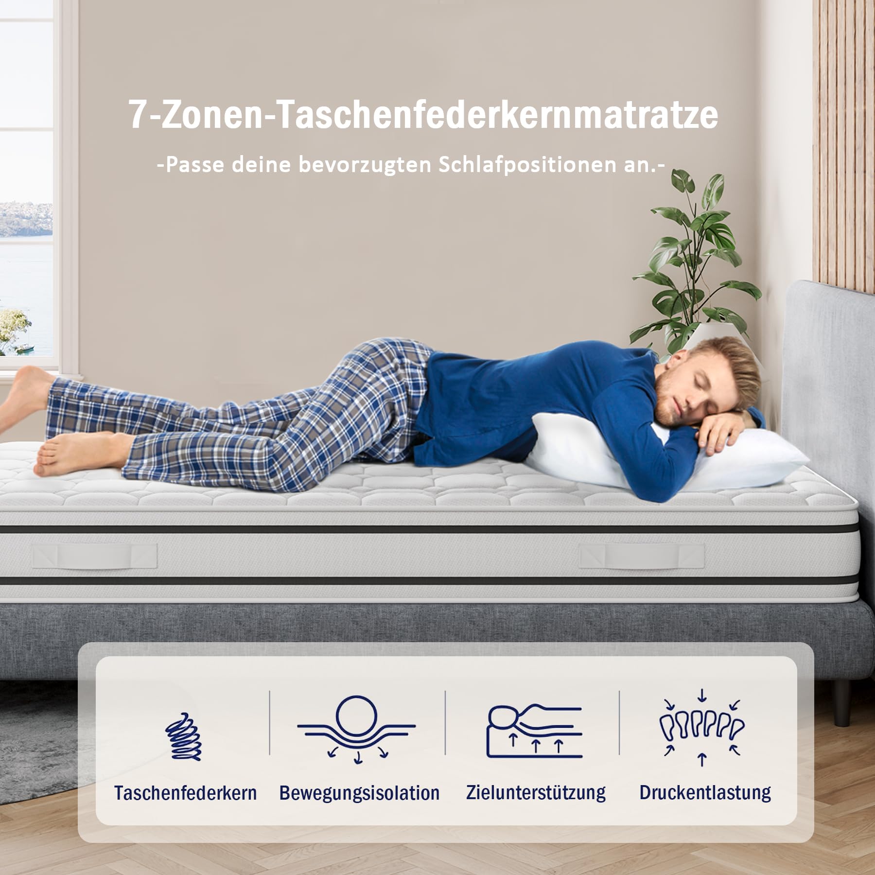 Vesgantti Matratze 90x200 cm H4, 7-Zonen-Taschenfederkern, orthopädisch