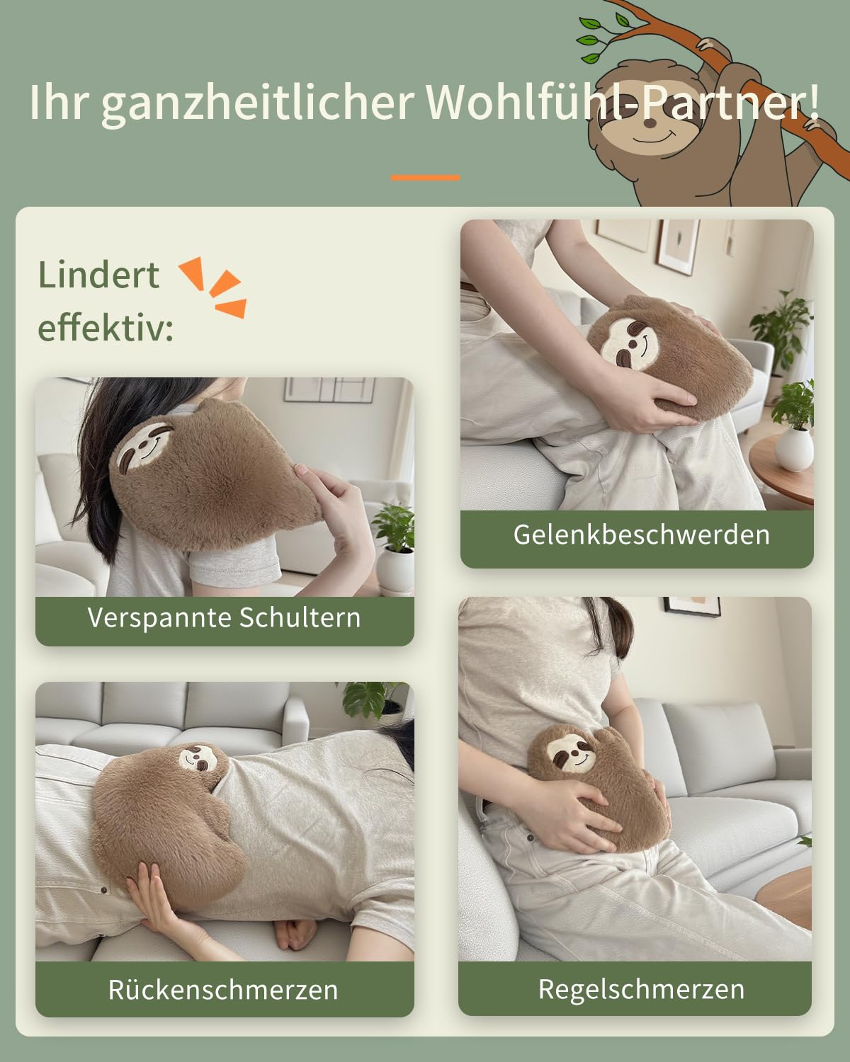uncn Sloth - Cuscino termico con grani, 660 g, per forno a microonde, per terapia termica umida, grande cuscino per microonde con rivestimento lavabile
