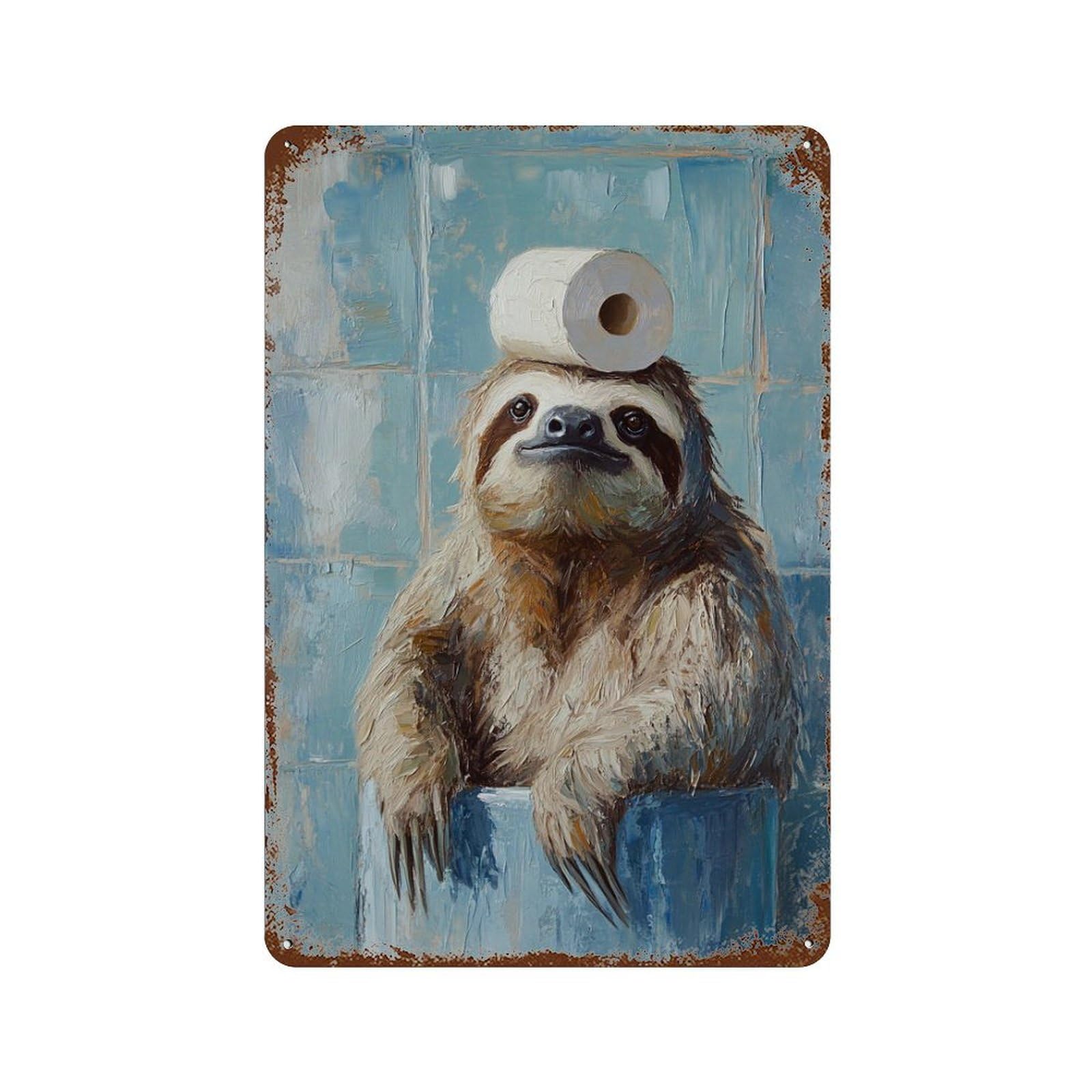 Distressed Metal Wall Sign with Sloth with Toilet Paper on Head Design 11.8"x7.9", for Garage, Bar And Workshop Decor, Vintage Wall Decor