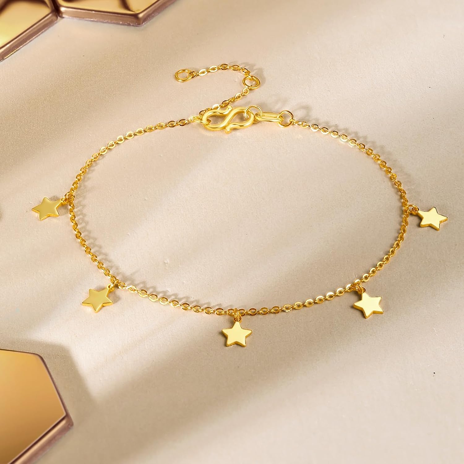 24K Solid Gold Bracelet for Women, Real Pure Gold Chain Bracelet Dainty Jewelry Fashion Star And Moon Solid Gold Link Bracelet for Mother Girlfriends Lovers Gifts