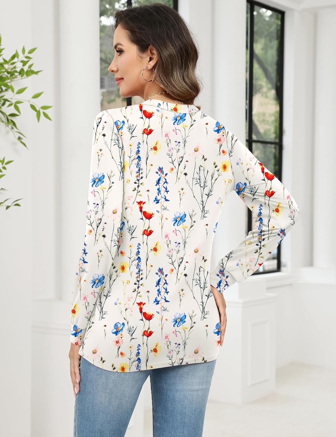 Rapbin Womens Long Sleeve Tops V Neck Dressy Casual T Shirts Trendy Pleated Tunic Shirts Loose Fit Basic Blouses - Image 6