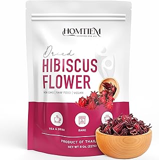 Homtiem Organic Dried Hibiscus Flower 8 Oz (227g) - Whole Petals, Non-GMO, Vegan, All-Natural, Versatile for Cooking & Beverages, Great for Herbal Tea, Drinks & Recipes
