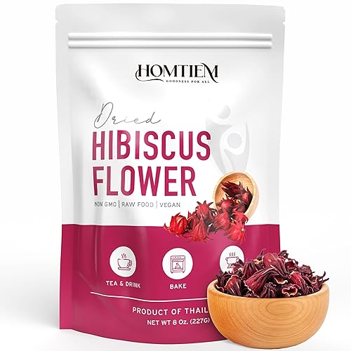 Homtiem Flor de hibisco seca orgánica de 8 onzas (8.01 oz), pétalos enteros, sin OMG, vegana, totalmente natural, versátil para cocinar y bebidas,