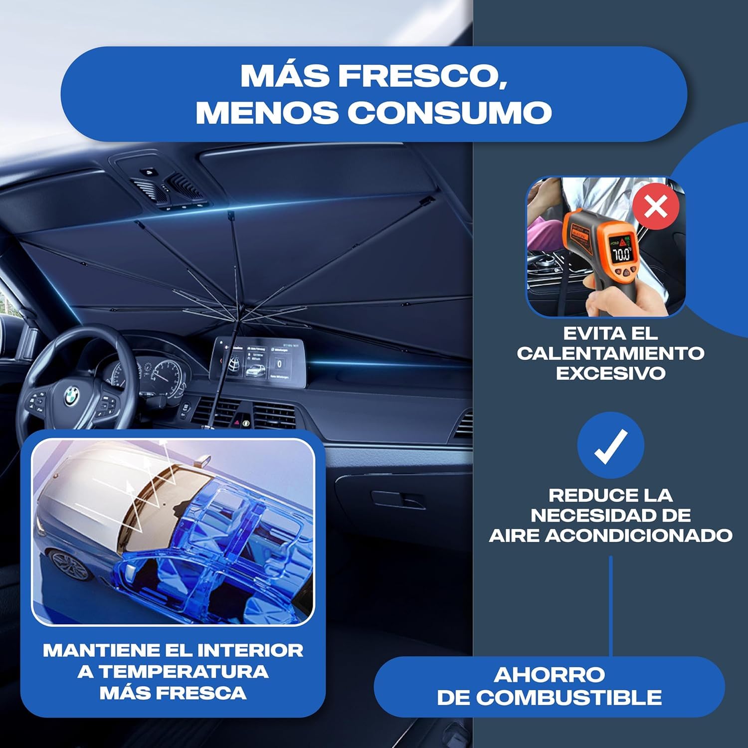HIBRON Parasol Coche Tipo Paraguas Plegable, Protector Solar para Parabrisas Delantero, Reflectante Térmico, Fácil de Instalar y Guardar, Universal para SUV Sedan MPV, 140x80cm(Pack x 4)