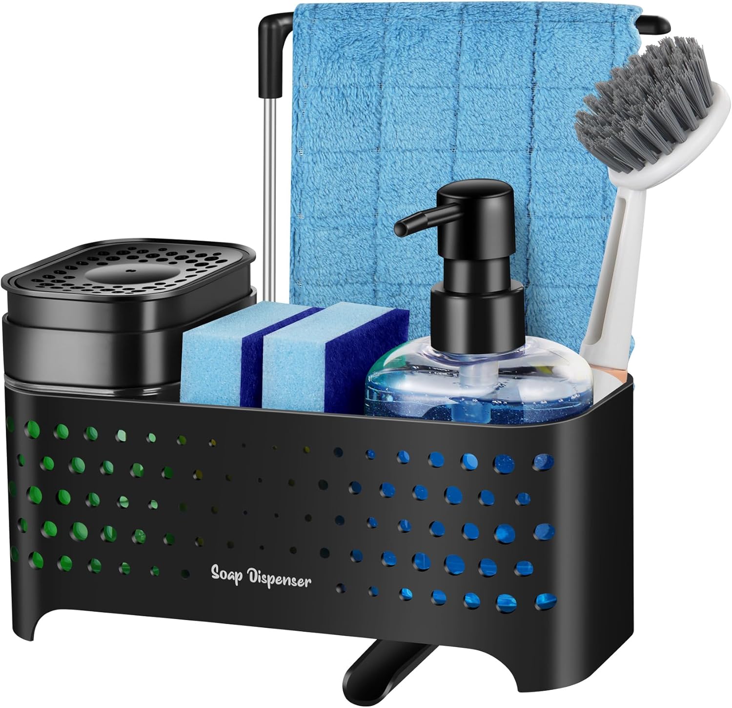 Kitchen Soap Dispenser Set, Sponge Holder for Kitchen Sink, Hand and Dish Soap Dispenser with Sink Caddy - 5-in-1 Design, Non-Slip Drainage Water Kitchen Sink Organizer (Black)