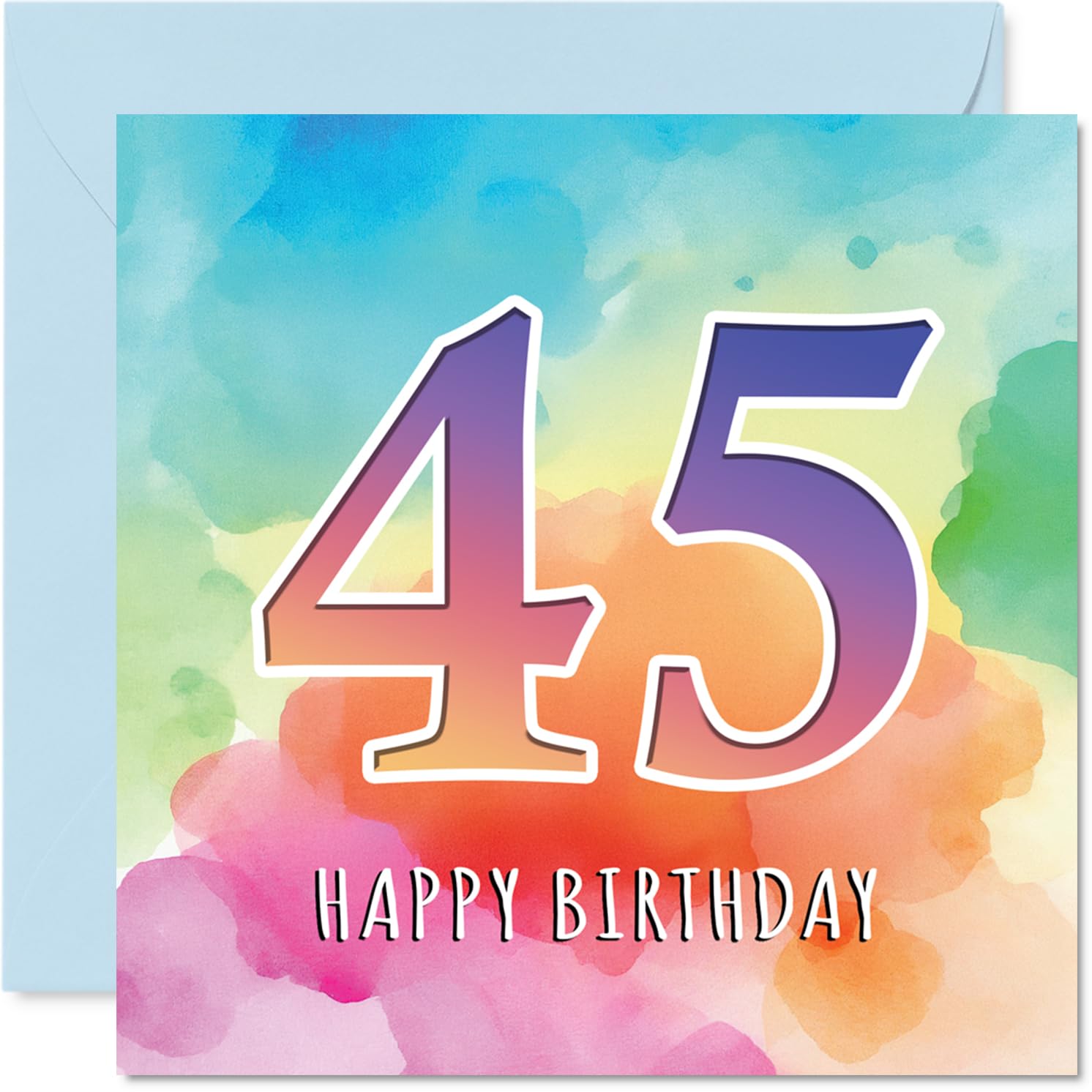 Stuff4 45th Birthday Card, Rainbow Watercolour 45, 145mm Square, Envelope Included