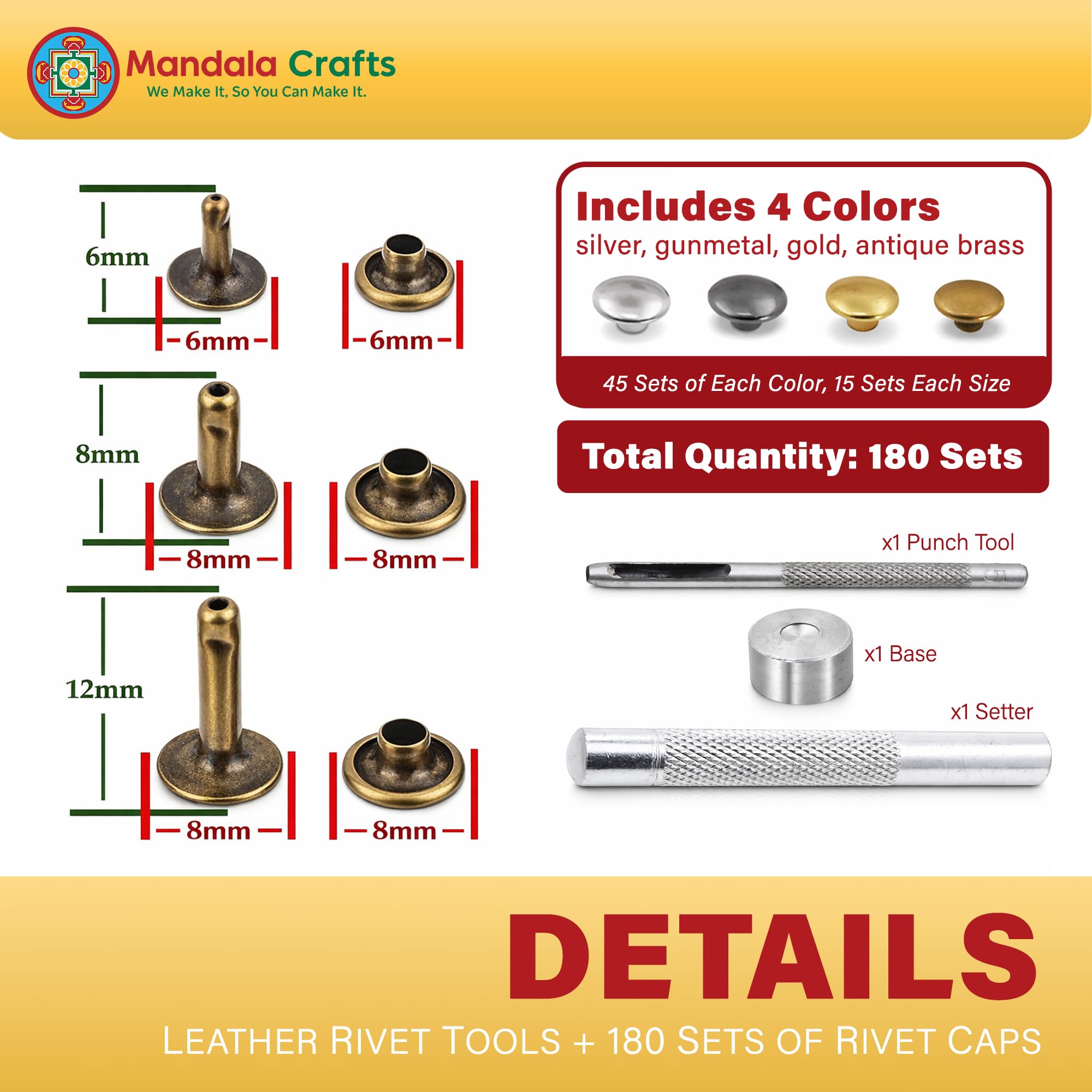 ALLinONE 180-Set Single Cap Rivets – 6mm & 8mm, 4 Colors, With 3 Tools, For Leather & Fabric Crafts