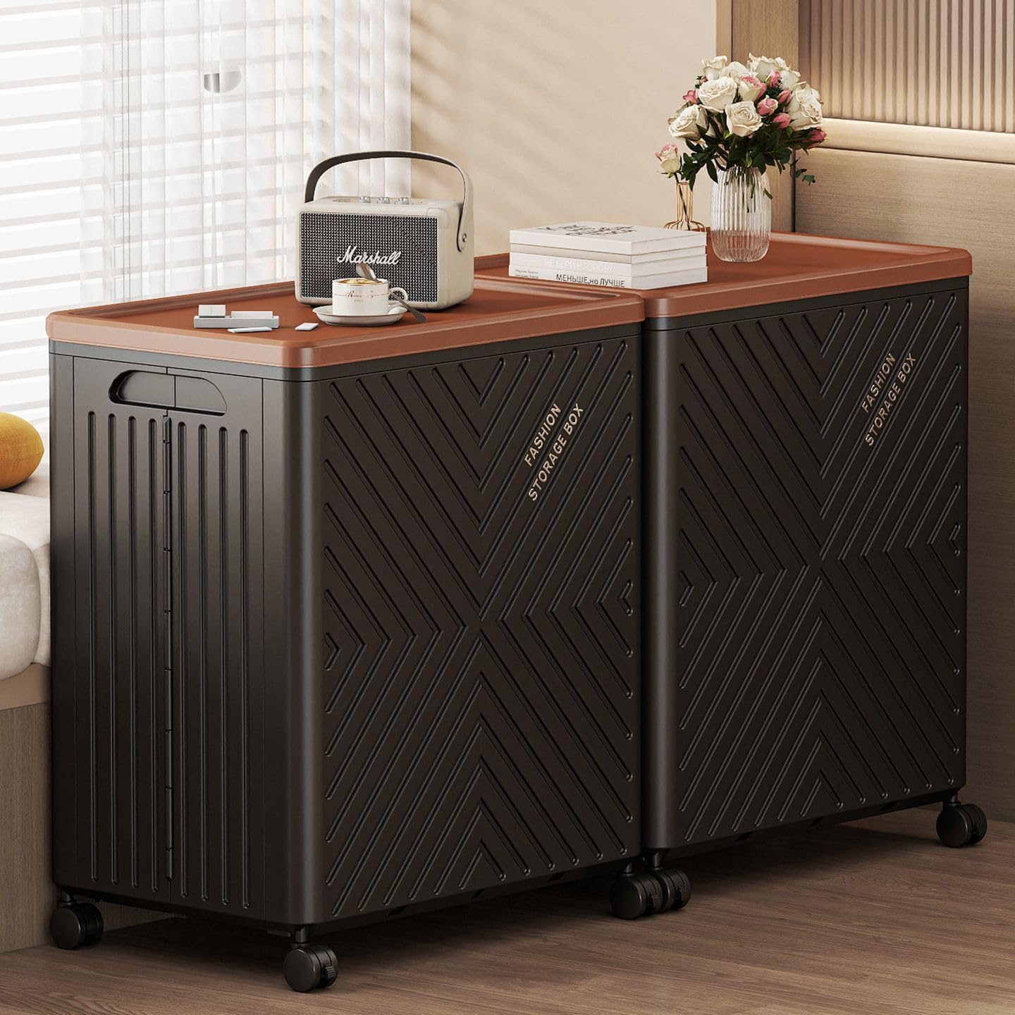 100L Large Folding Storage Box with Wheels, 50cm Wide Thickened Plastic Storage Bin with Brown Lid, Stackable Rolling Storage Container for Clothes, Blankets, Bedroom & Living Room (2)