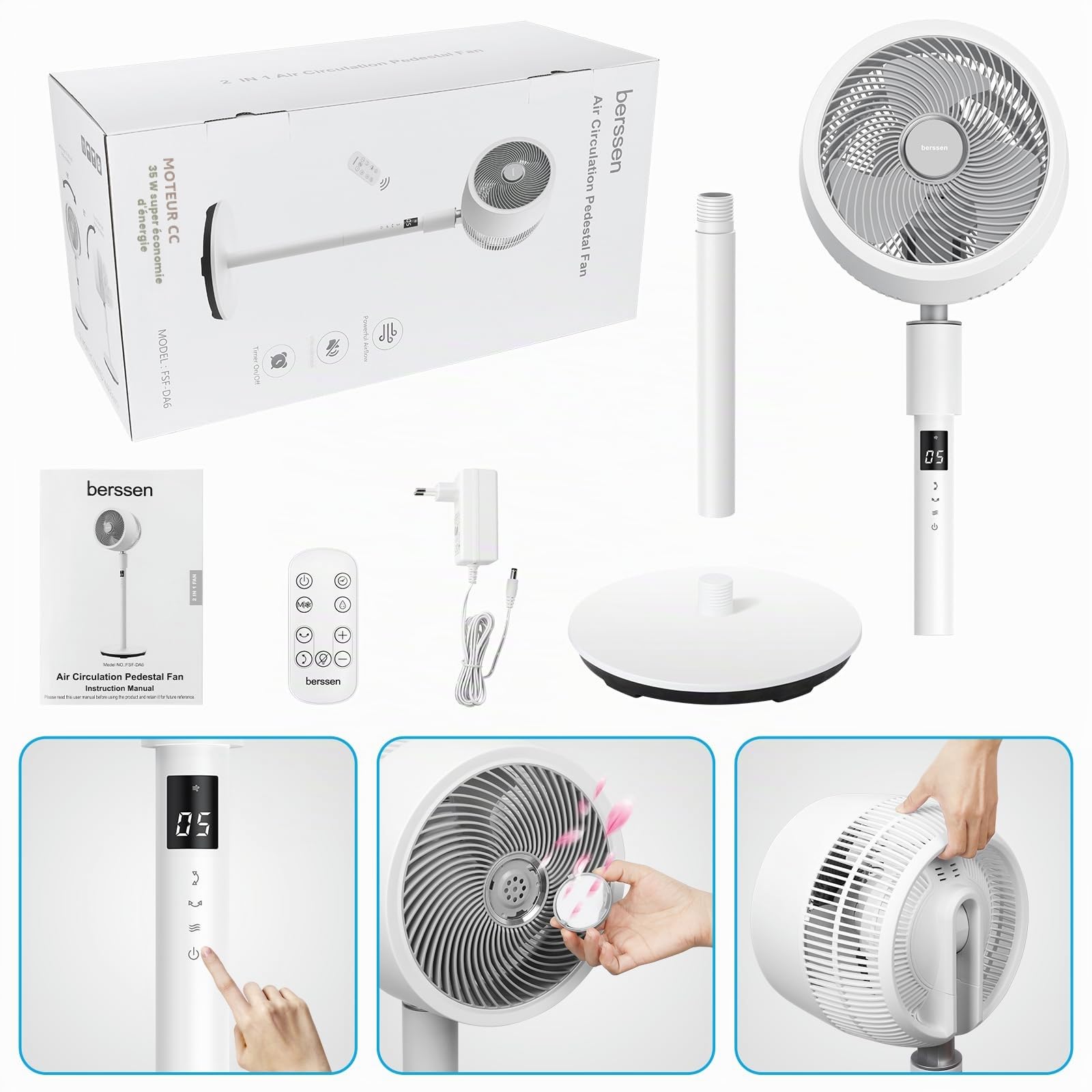berssen Ventilateur sur Pied Silencieux Moteur DC 25dB Ventilateur de Circulation d'air, Oscillant 3D à 13 Vitesses 12h Minuterie, avec Panneau Tactile et Télécommande, Pour Bureau à Domicile