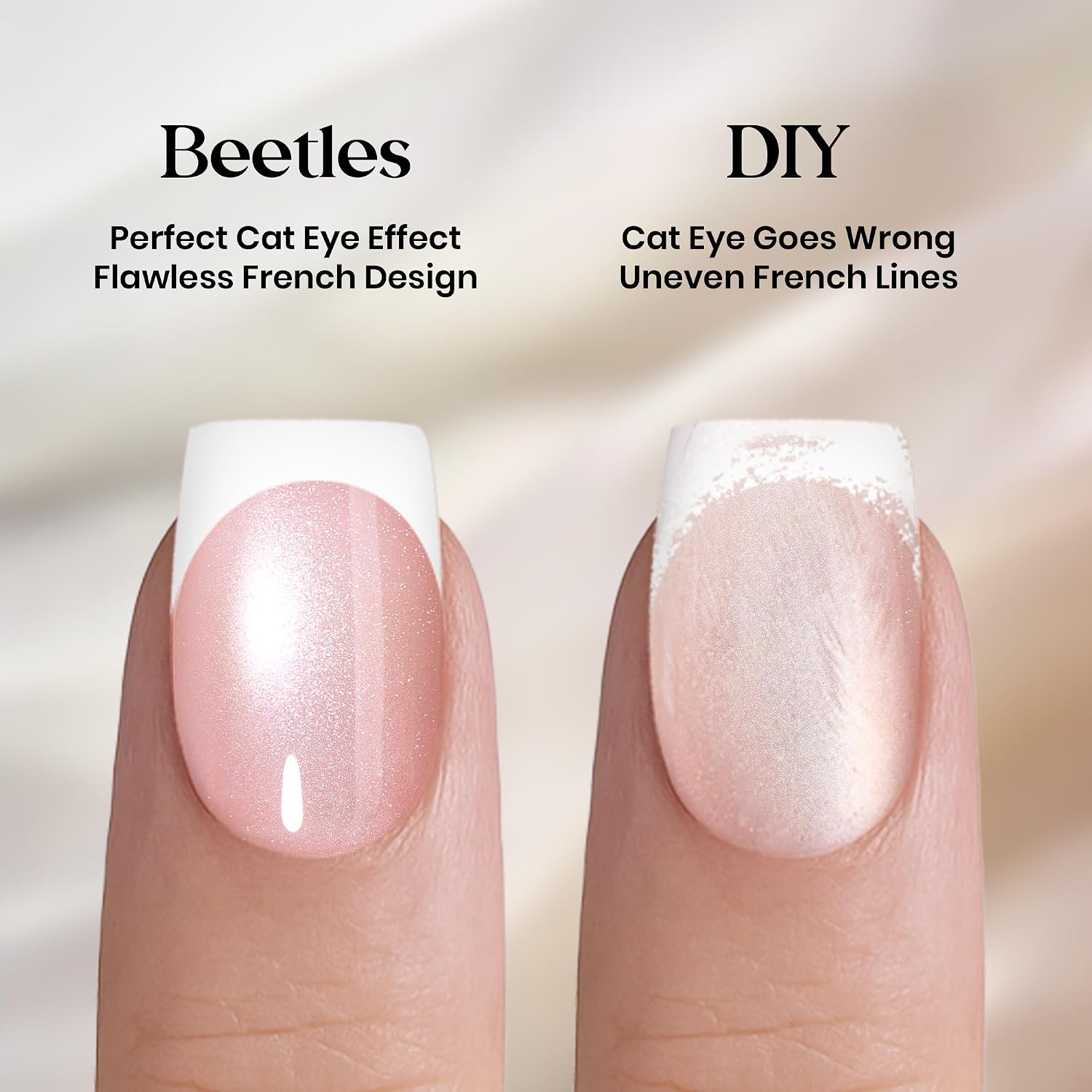 Beetles French Tip Press On Nails Short Square, Pink Cat Eye Fake Nails Kit | Includes 30 Fake Nails, 15 Sizes, Nail Glue and 60 Adhesive Tabs for Flexible At-Home Wear