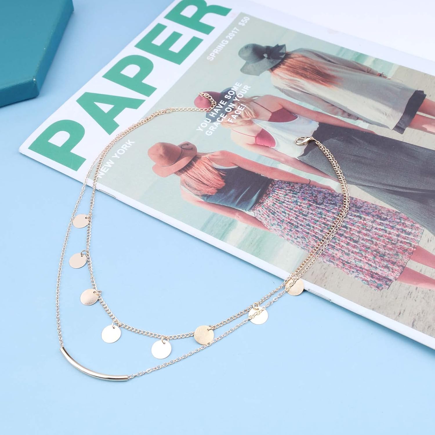 Andelaisi Boho Coin Pendant Necklace Gold Disc Chain Necklace Vintage Sequins Necklace Layered Tube Bar Choker Necklace Jewelry for Women - Image 4