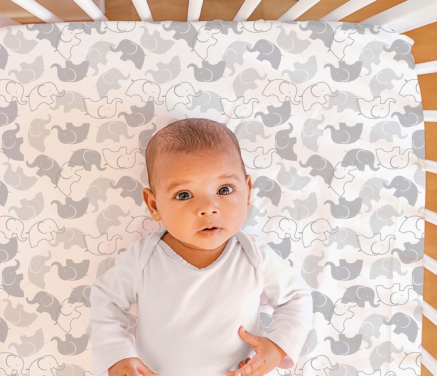 The Peanutshell Fitted Crib Sheet Set for Baby Boys or Girls, Grey Elephants and Stripes, Unisex 2 Pack Set