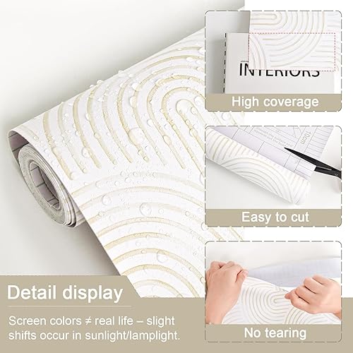 Miniatura 4 de Papel tapiz moderno para despegar y pegar, papel de contacto bohemio, neutro, autoadhesivo, extraíble, para baño, cocina, dormitorio, color beige,