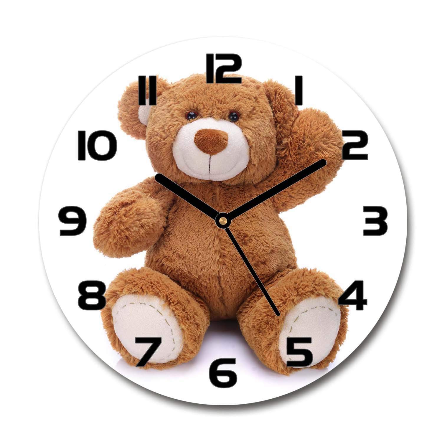 Horloge en verre 60x60cm Tulup : cadran carré silencieux motif ours en peluche