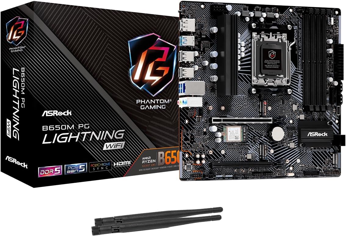 B650M PG Lightning WiFi 6E AMD Ryzen 9000/8000/7000 Series Socket AM5 B650 DDR5 up to 7200+ (OC) MHz 256 GB SATA3 6.0 Gb/s Micro ATX Motherboard M.2 RGB LED BIOS Flashback