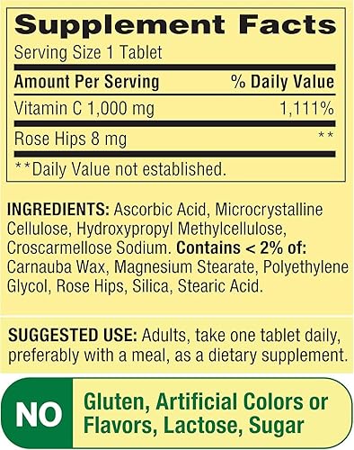 Miniatura 3 de Spring Valley Vitamina C 1000mg con tabletas Rose HIPS Suplemento dietético, 500 unidades, protección antioxidante* (paquete de 1) + adhesivo Vsl