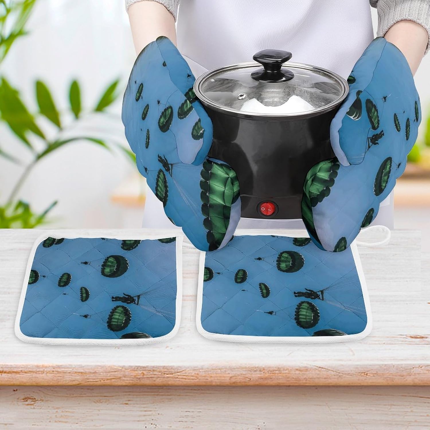 Oven Mitts Pot Holders Kitchen Green Parachute Heat Resistant Oven Glove for Baking and Cooking