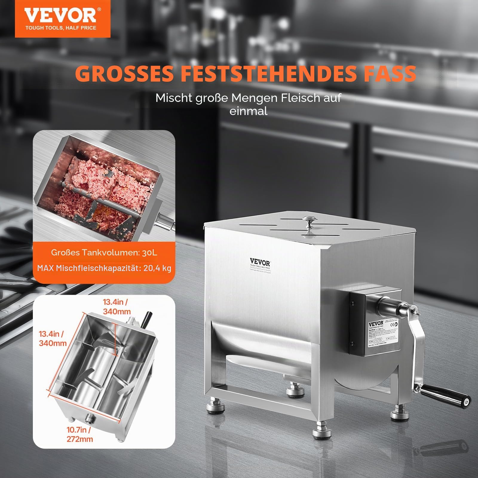 VEVOR manueller Fleischmischer 30 L Fleischverarbeitungsgerät (maximales Mischen von 20,4 kg Fleisch), Fleischmischer aus Edelstahl, Wurstmischer mit Untersetzungsgetriebe, Handmixer für Hackfleisch