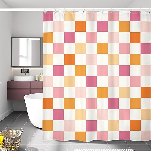 LIGHTINHOME Cortina de ducha a cuadros rosa naranja de 60 pulgadas de ancho x 72 pulgadas de alto, vintage, años 2000, 70, abstracta, Y2K, bonita,