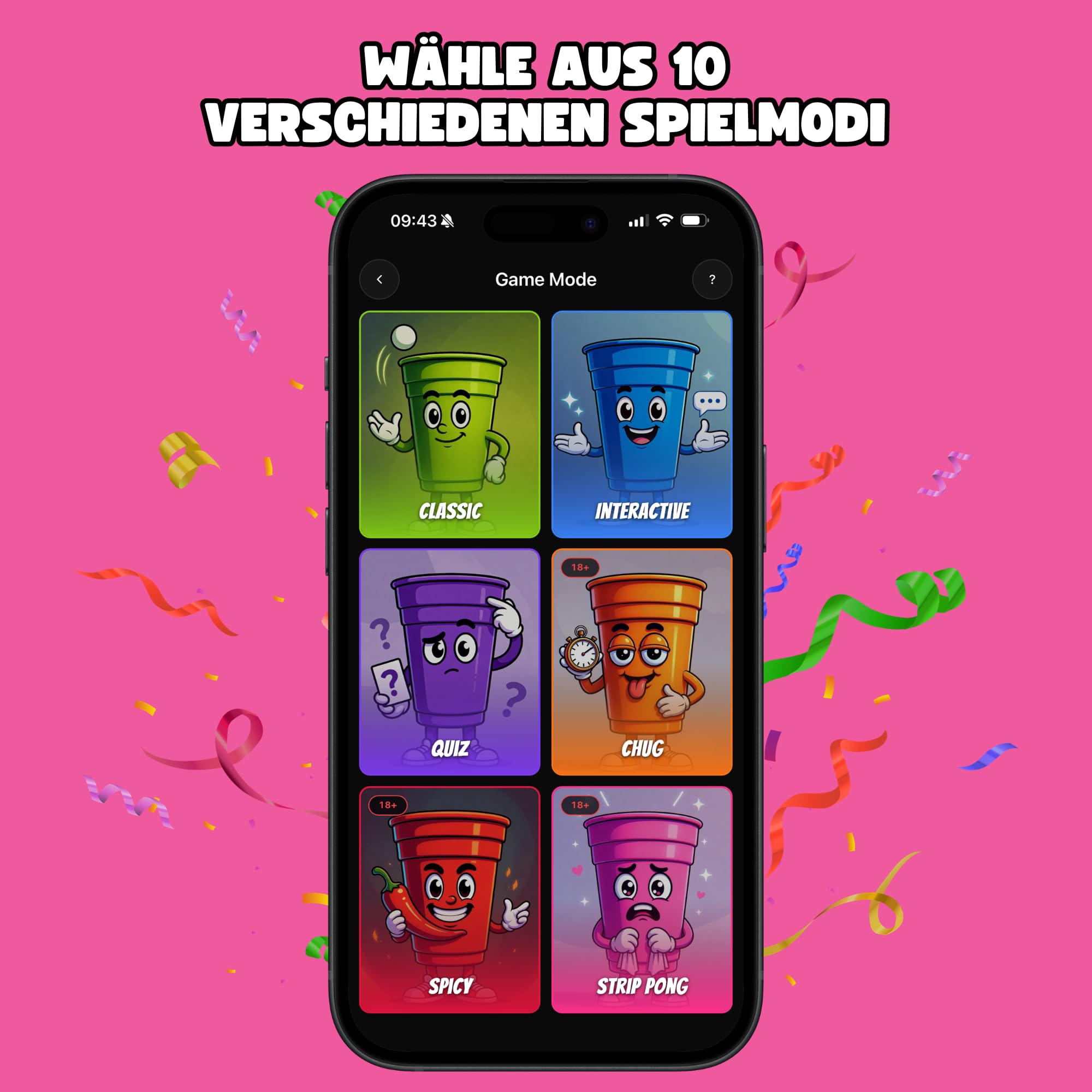 Beer Pong con aplicación y 3.000 tareas divertidas - 22 vasos de plástico duro reutilizables fabricados en Alemania - El regalo de cumpleaños más genial - Juego de beber [negro/rosa]