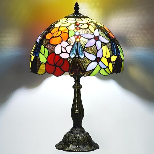 Miniatura 10 de Tiffany Style Stained Glass Table Lamp, Floral Pattern Desk Light with Antique Bronze Resin Base, Red Roses Decorative Lighting for Bedroom, Living