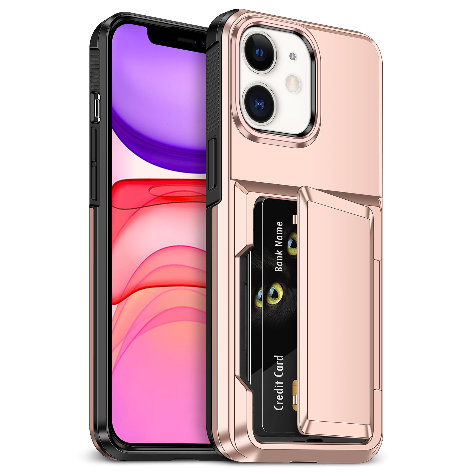 YEBOLU for iPhone 11 Case with Card Holder Cardsr [Max 4-5 Cards] Heavy Duty Protective Dual Layer Shockproof Hidden Card Slot Slim Wallet Case for