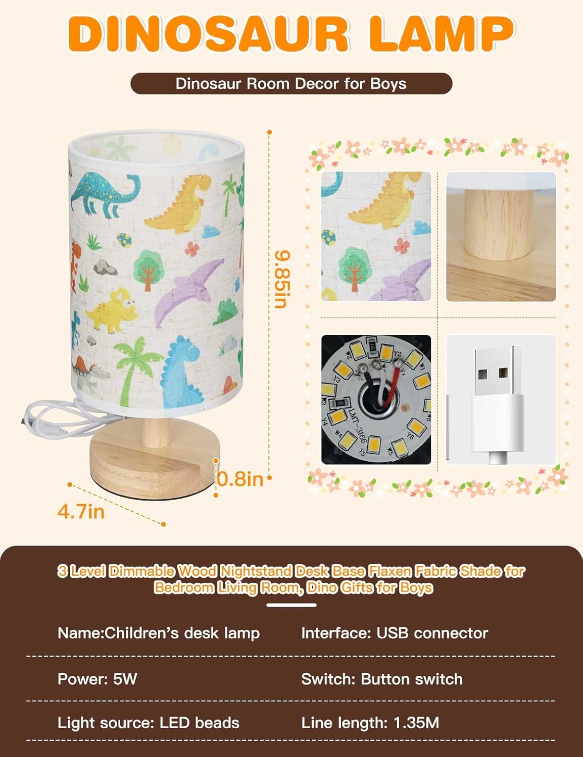Dinosaur Lamp, Dinosaur Room Decor for Boys, 3 Level Dimmable Wood Nightstand Desk Base Flaxen Fabric Shade for Bedroom Living Room, Dino Gifts for Boys