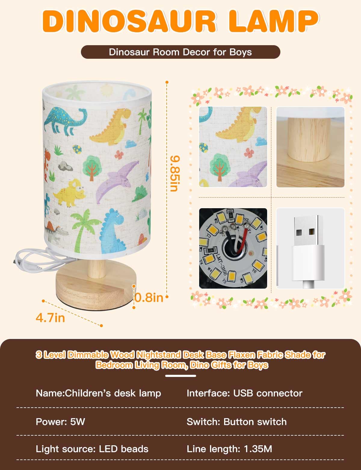 Kinder-Tischlampe für Schlafzimmer, Dinosaurier-Raumdekoration für Jungen, 3 Ebenen, dimmbar, Holz, Nachttisch, Schreibtischsockel, Flachsstoff, Lampenschirm für Schlafzimmer, Wohnzimmer