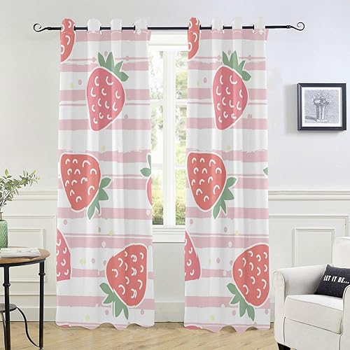 Cortinas opacas con diseño de fresas rosas para dormitorio, 84 pulgadas, cubierta de ventana negra para dormitorio, sala de estar, cortinas para