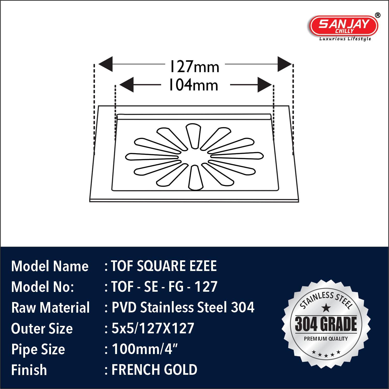 Sanjay Chilly Square Ezee SS Floor Drain Color Collection for Bathroom 304 Grade Sink Top Cover Jali Safety from Insects Bathtub Water Drainer Strainer in Toilet (TOF French Gold 5x5 INCH) 1