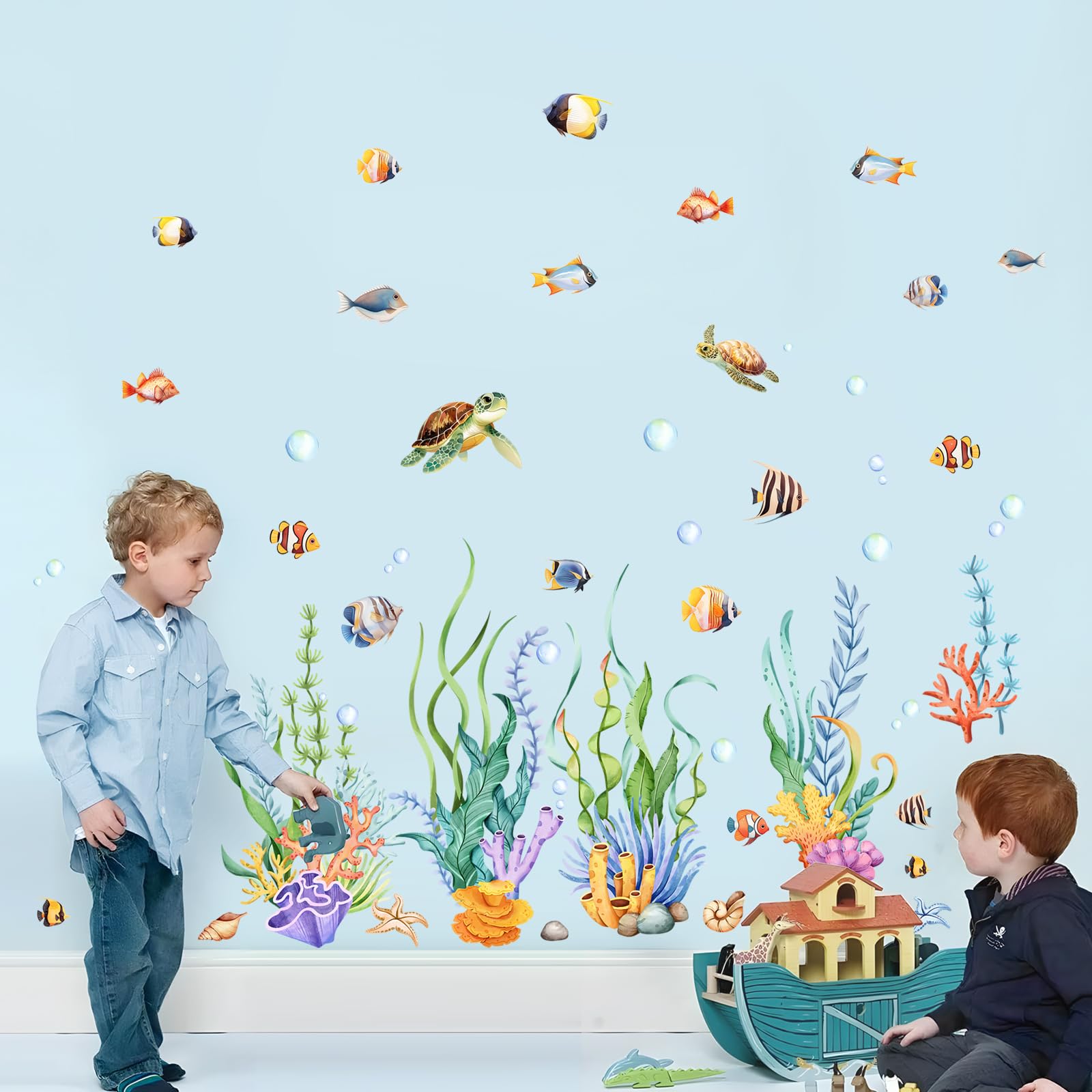 Under The Sea Wall Stickers Seaweed Grass Ocean Fish Sea Turtle Underwater Wall Decals for Bathroom Peel and Stick Wall Art Decals for Baby Nursery Kids Bedroom Bathroom