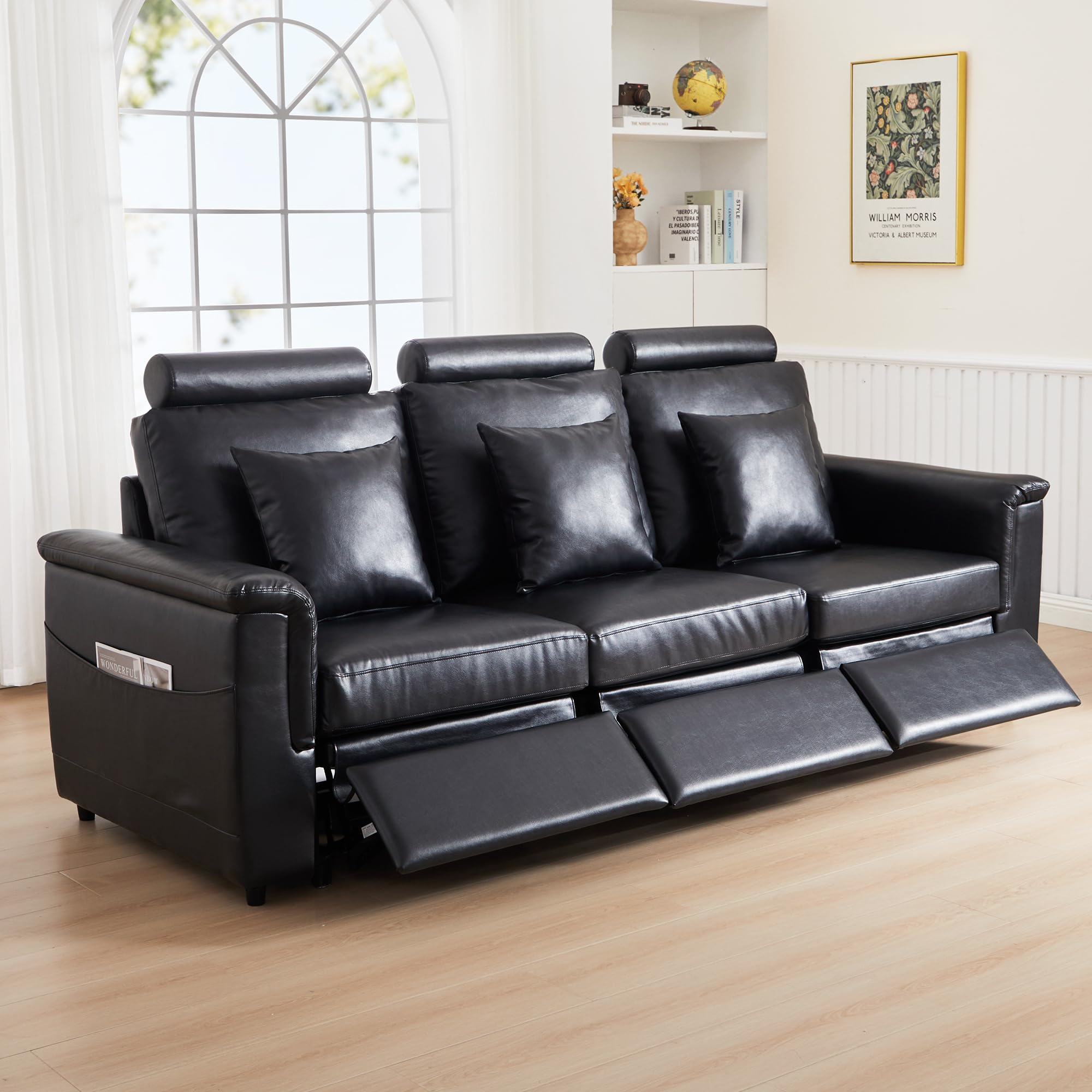 LEVNARY 3-Seater Modular Reclining Sofa, Upholstered Faux Leather Power Recliner Couch with 3 Electric Seats, 3 Pillows &amp; Side Pockets, Adjustable Back &amp; Footrest, Living Room Furniture (Black)
