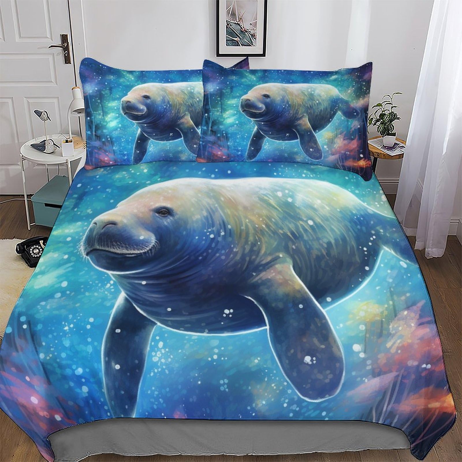 LLXXHH Manatee Bedding Set Soft 2PCs Breathable Quilt Cover with Pillowcase 3D Duvet Cover Set Comforter Cover For Boys Girls Single(135x200cm)