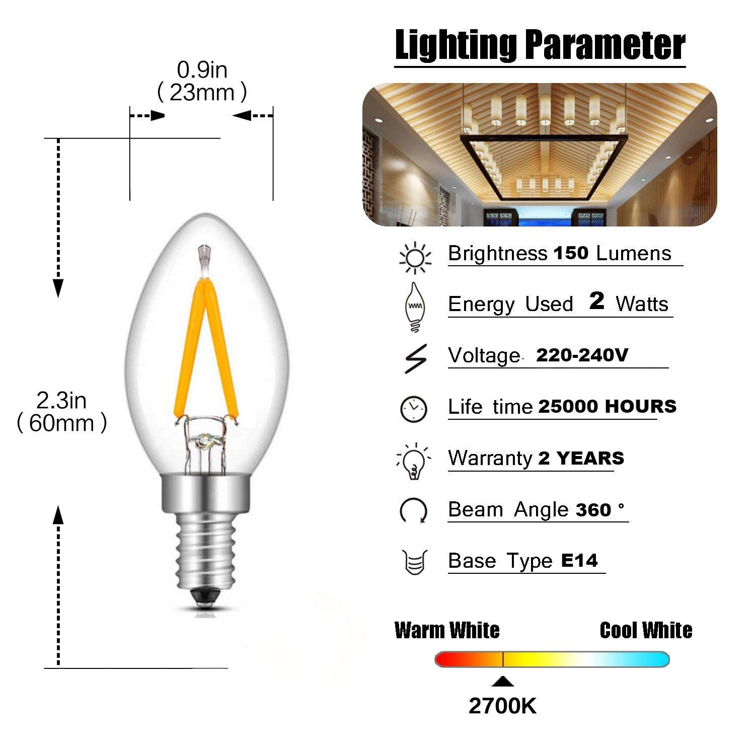 Ampoules LED Lot de 10 veilleuses C7 1W, candélabre à Filament, Base E14, Blanc Chaud Transparent 2700K, 220vac, 60 lumens(2.0 Watts)