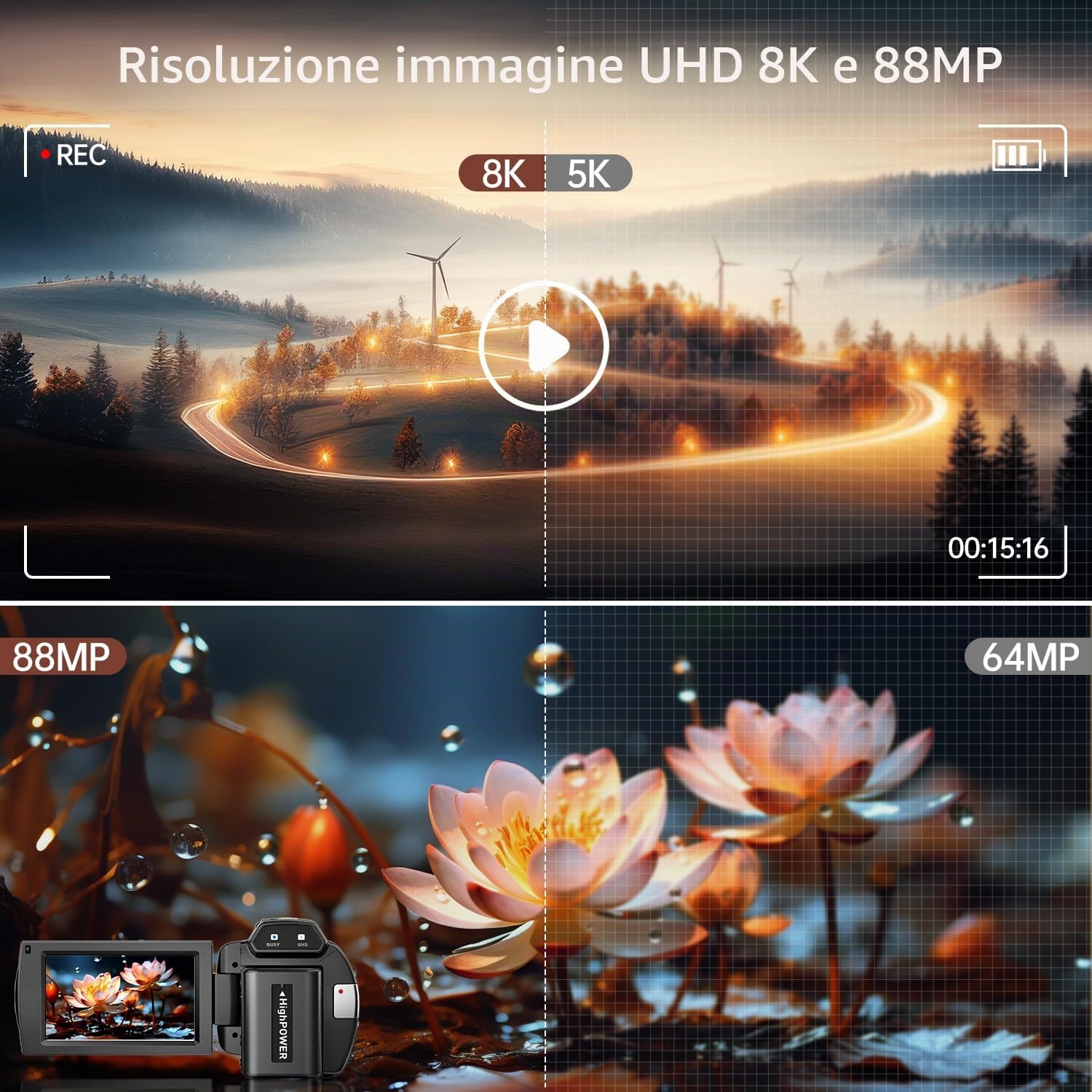 Videocamera 8K 88MP UHD WiFi Vlogging per YouTube 18X Zoom Digitale IR Visione notturna Fotocamera touchscreen da 3.0 pollici con scheda da 32 GB, microfono, paraluce