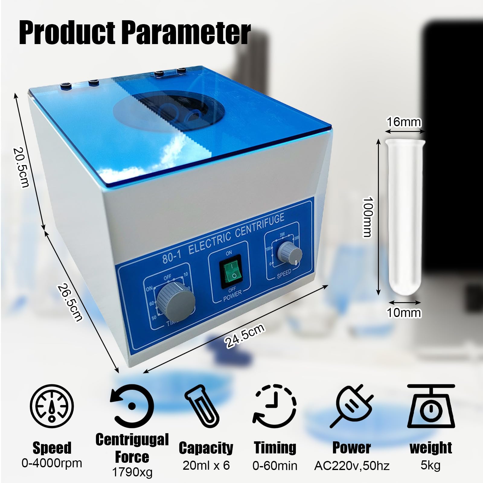 Centrifuga da Laboratorio, 220V 4000rpm Macchina Centrifuga Plasma, Centrifuga da Laboratorio con 20ml x 6 Provette, 1790xg, Timer 0-60 Minuti per Separazione di Campioni, Analisi Qualitativa