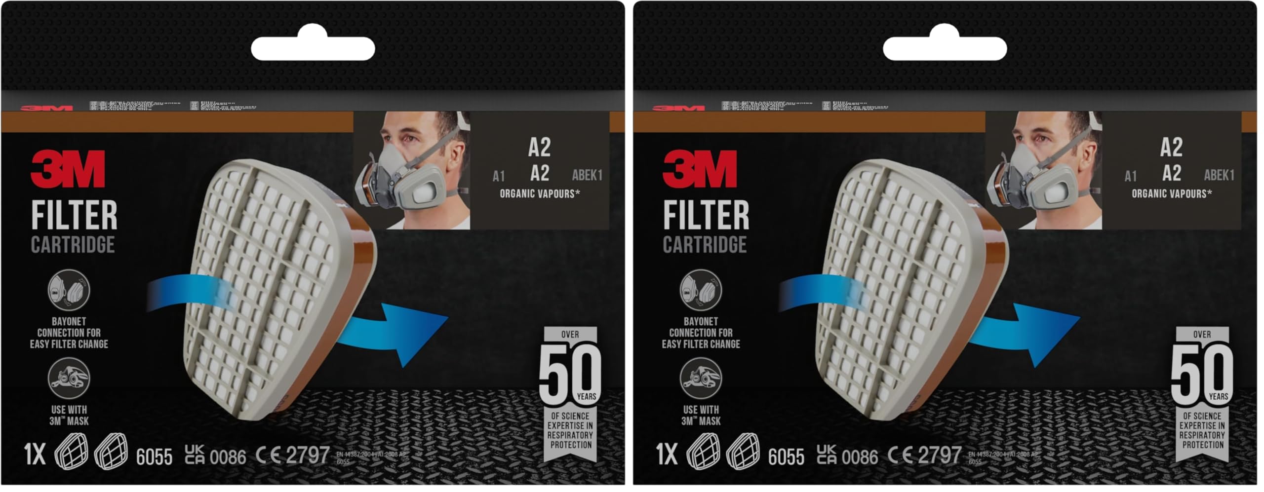 3M Filtro de vapores orgánicos 6055, A2 para las series 6000 y 6500, 1 par/paquete (Paquete de 2)