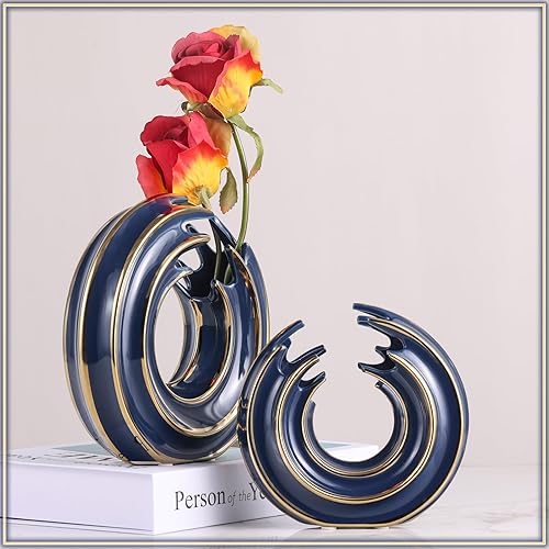 Miniatura 2 de Juego de 2 jarrones redondos de cerámica para decoración del hogar (línea dorada, azul dorado)