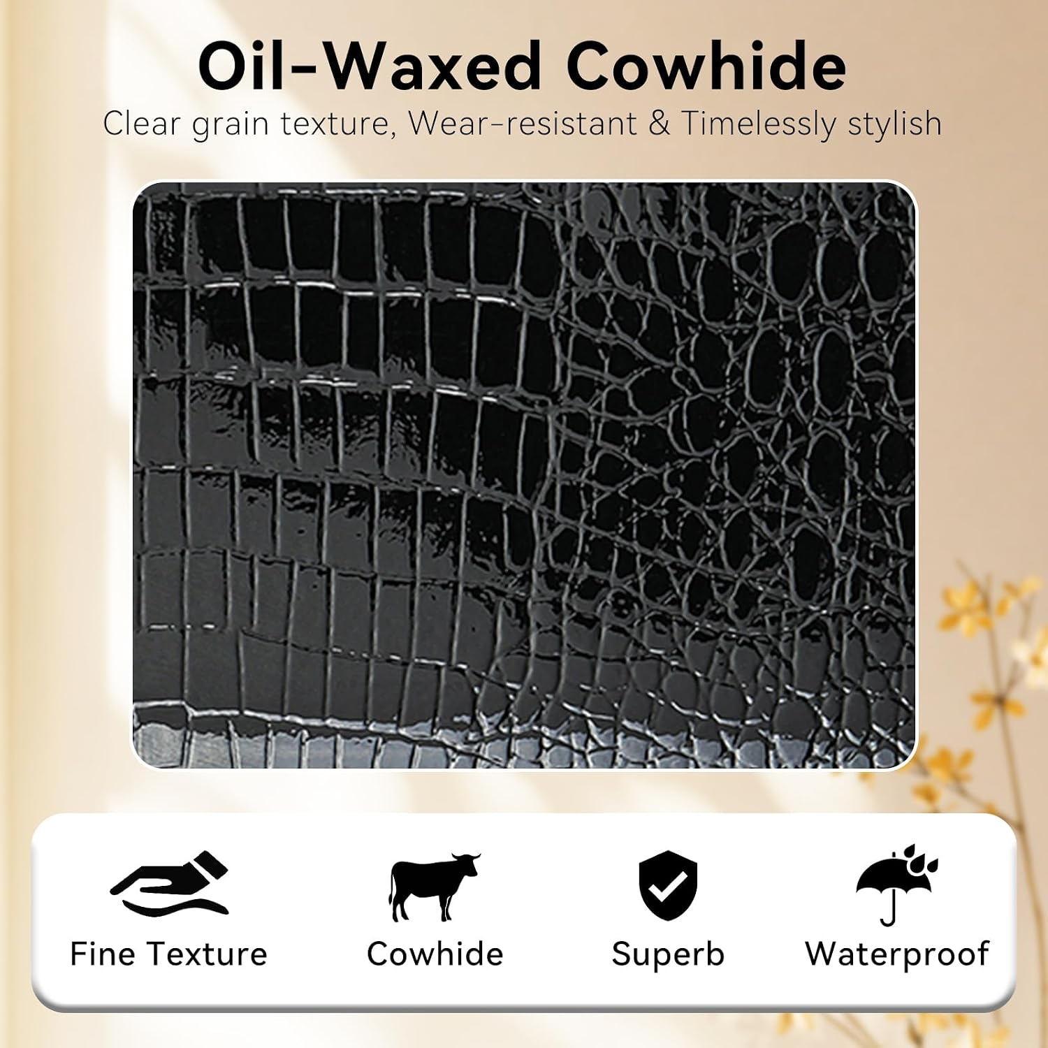 Women's Wallet Oil-waxed Genuine Leather, Crocodile Embossed Compact Bi-fold Wallet for Women with Magnetic Closure, Multi Card Slots, ID Window, Zipper Pockets (Black)